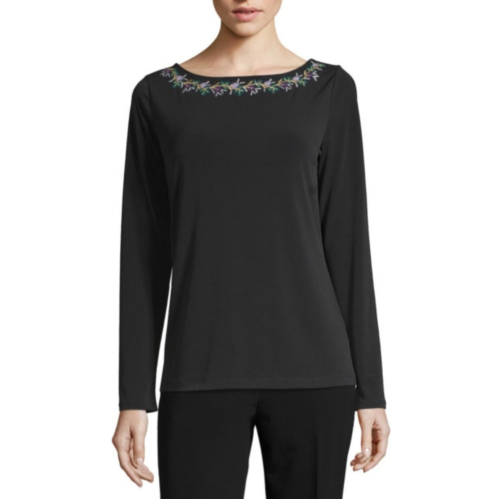 Liz Claibor-Womens Boat Neck Long Sleeve T-Shirt